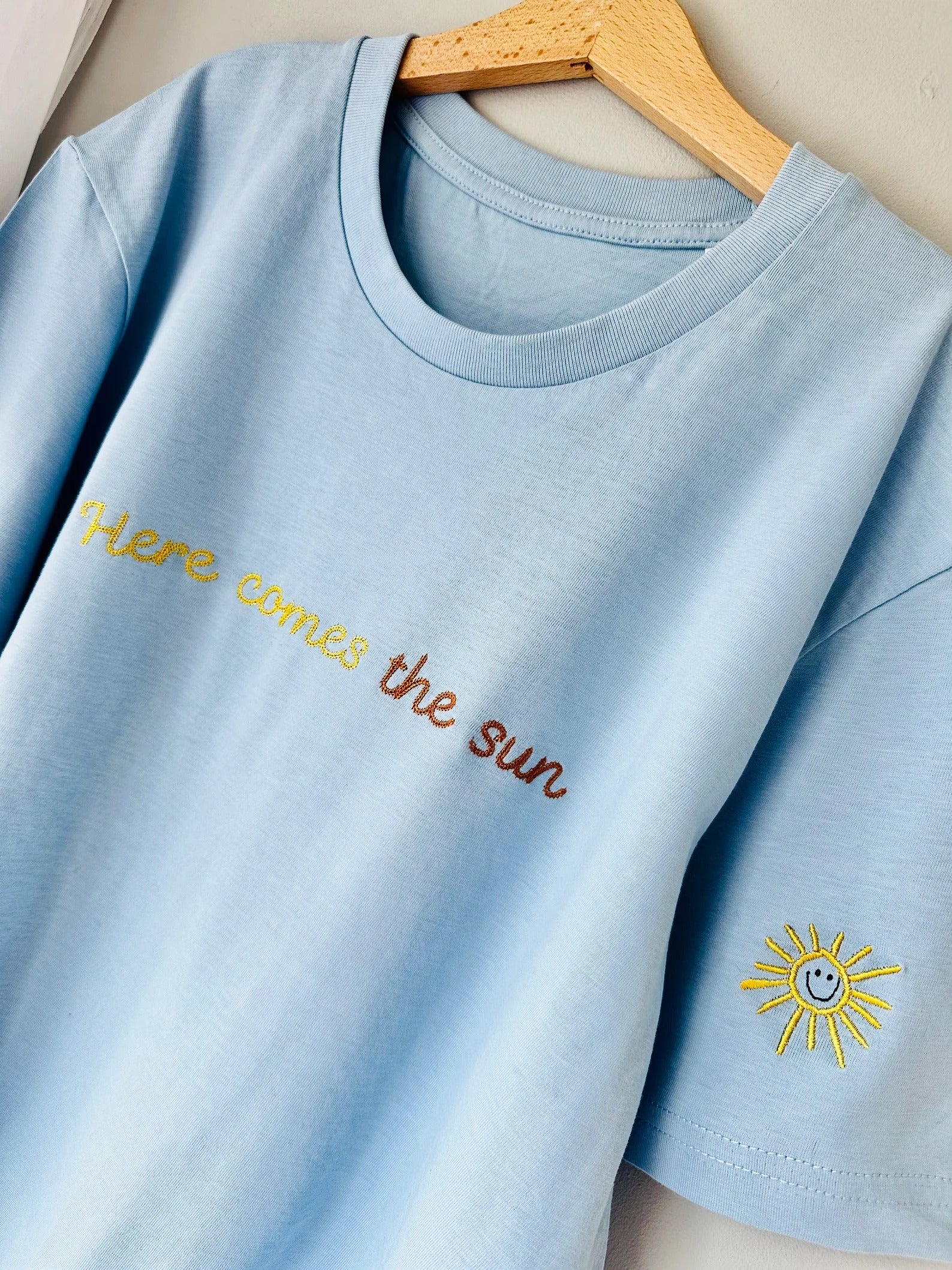 Embroidered 'Here Comes The Sun' Unisex Organic Cotton T-shirt - Spring Summer Top Embroidered 'Here Comes The Sun' Unisex Organic Cotton T-shirt - Spring Summer Top